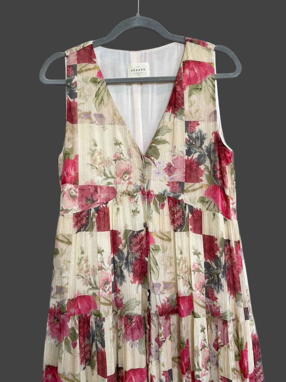 SEZANE Cream Red Rose Floral Patchwork Sleeveless Flowy Silk Alameda Maxi Dress - Picture 4 of 16